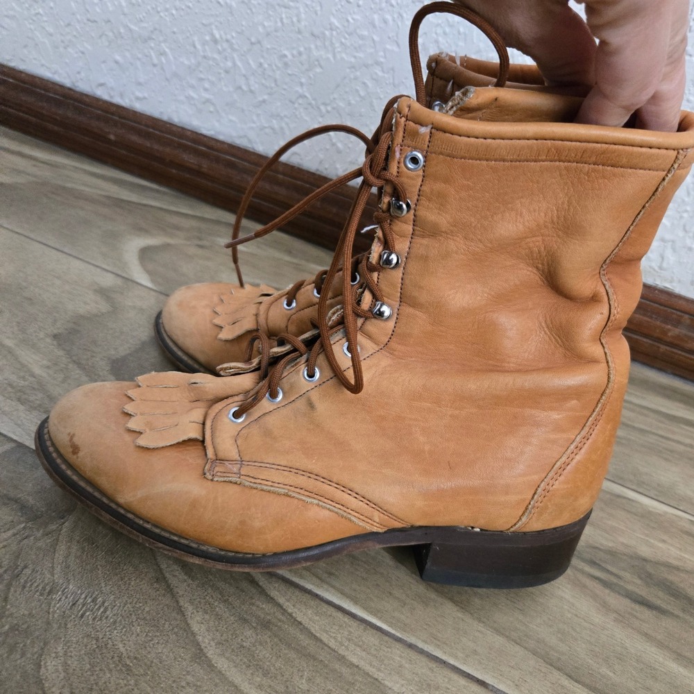 Laredo 7 M Packer Boots Women Tan Good Leather Lace Up Kiltie Western 55056 USA - Picture 3 of 8
